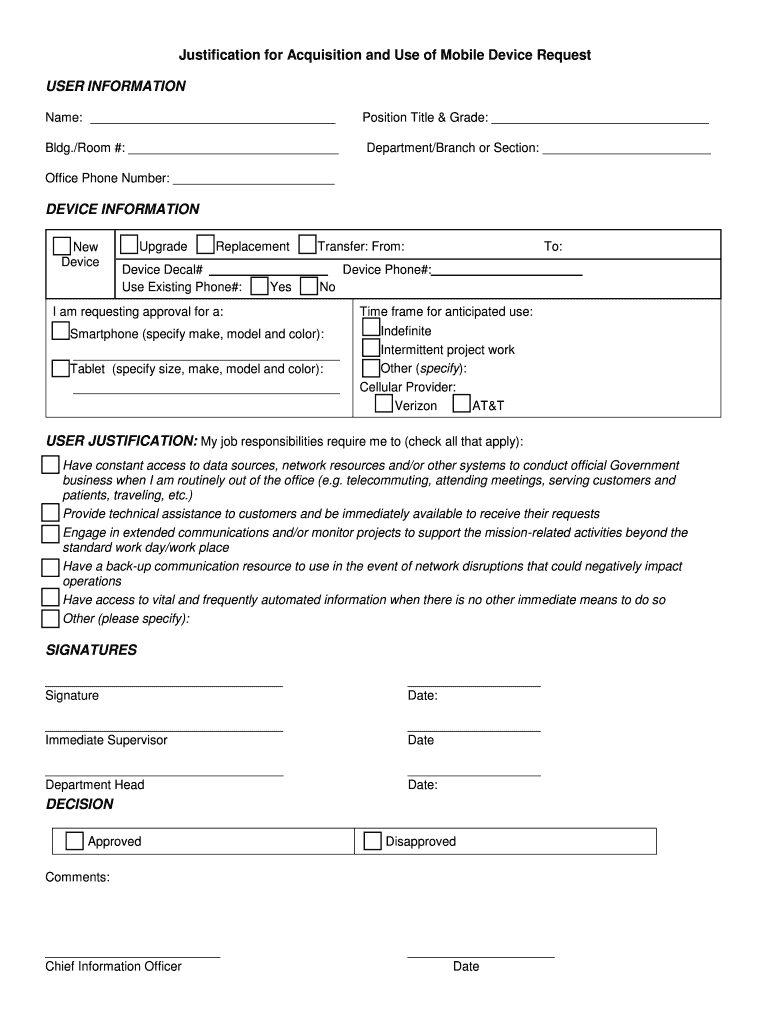 Fillable Online Justification for Acquisition and Use of Mobile Device
