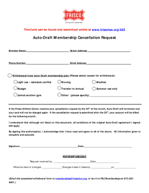 Frisco Athletic Center Auto-Draft Membership Cancellation Request