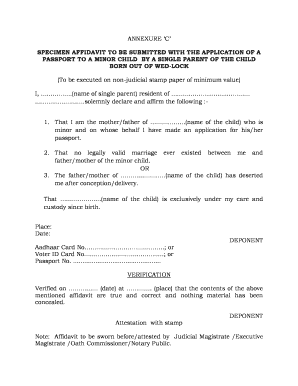 Specimen Affidavit for Minor Child Passport Application