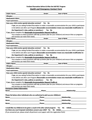 Portland Recreation Health and Emergency Contact Form
