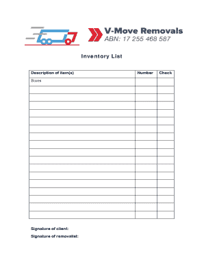 Inventory List for Removalist Services