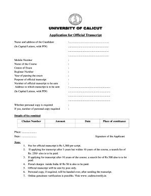 University of Calicut Official Transcript Application