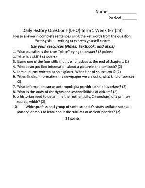 Daily History Questions Term 1 Week 6-7