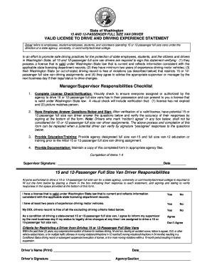 Washington 15 and 12-Passenger Van Driver License Statement