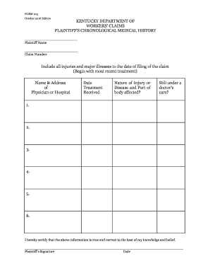 Kentucky Plaintiff's Chronological Medical History Form