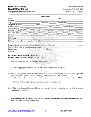 Adult Intake Form for Naturopathic Clinic