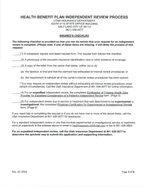 Utah Health Benefit Plan Independent Review Request Form