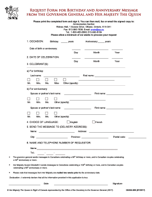Request Form for Birthday and Anniversary Message from the Governor General and Her Majesty The Queen