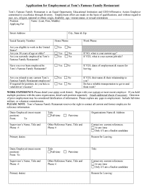 Tom’s Famous Family Restaurant Employment Application