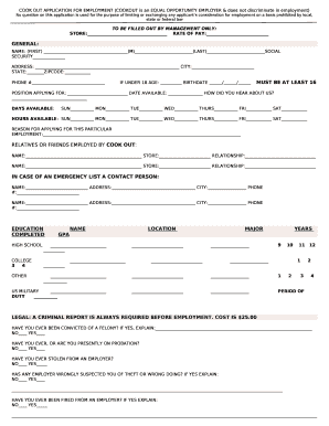 COOK OUT APPLICATION FOR EMPLOYMENT