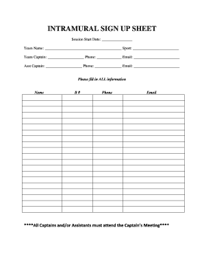 Intramural Sign Up Sheet