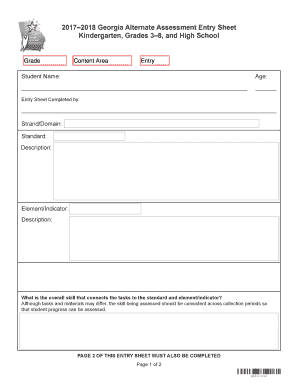 Georgia Alternate Assessment Entry Sheet