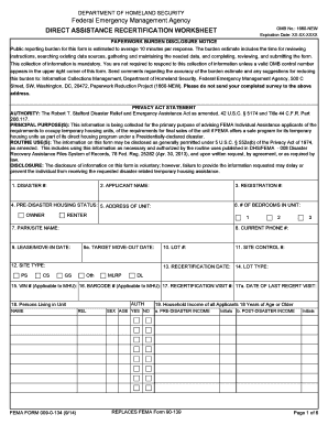 FEMA Direct Assistance Recertification Worksheet
