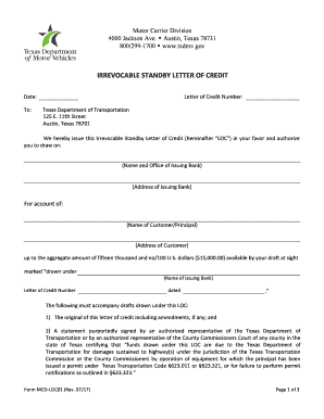 Texas Irrevocable Standby Letter of Credit