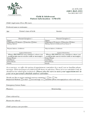 Child and Adolescent Patient Information Update Form