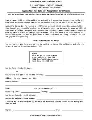 US Army Cold War Recognition Certificate Application
