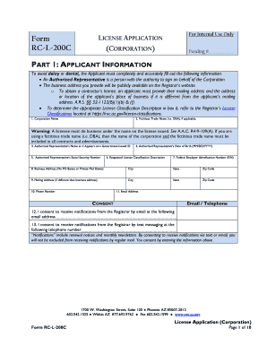 Arizona Corporation Contractor License Application