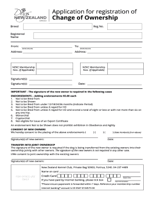 New Zealand Kennel Club Change of Ownership Form