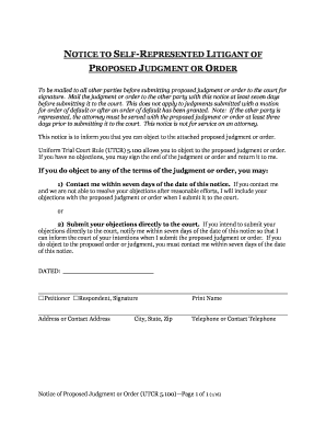 Notice to Self-Represented Litigant of Proposed Judgment or Order
