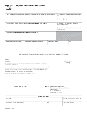 Maryland Request for Copy of Tax Return Form 129