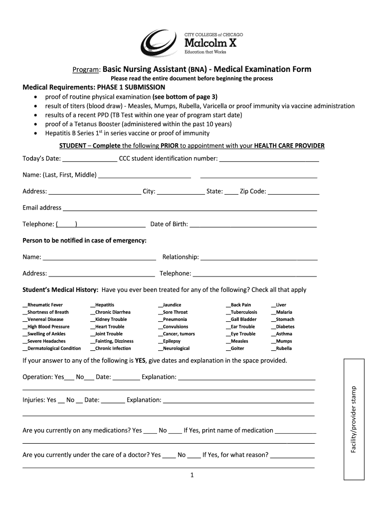 Program: Basic Nursing Assistant (BNA) - Medical Examination Form Preview on Page 1