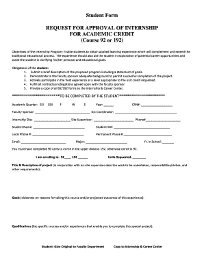 Request for Approval of Internship for Academic Credit