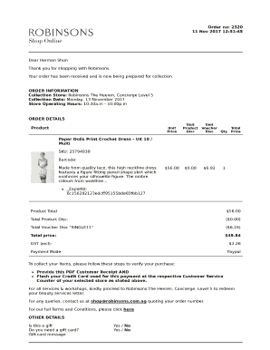 Robinsons Order Collection Receipt