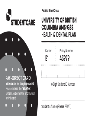 Pacific Blue Cross Health & Dental Plan Card