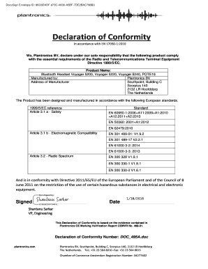 Declaration of Conformity for Plantronics Bluetooth Headsets