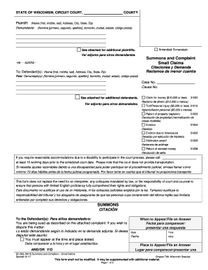 Wisconsin Small Claims Summons and Complaint
