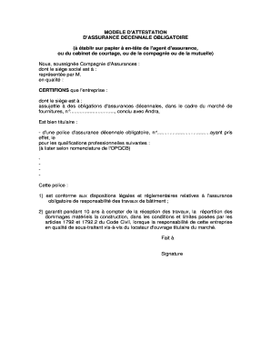 Modèle d'attestation d'assurance décennale obligatoire
