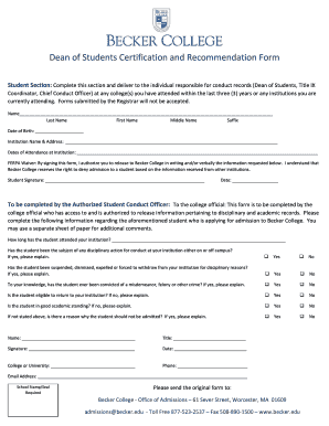 Dean of Students Certification and Recommendation Form
