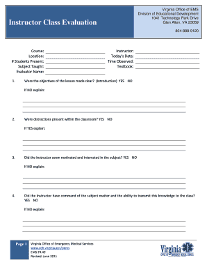 Virginia Instructor Class Evaluation Form