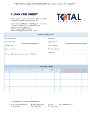 Audio Cue Sheet for Music Usage