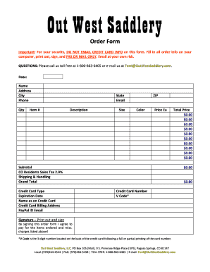 Out West Saddlery Order Form