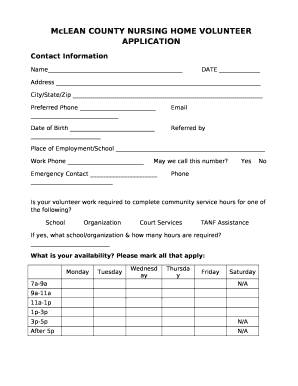 McLEAN COUNTY NURSING HOME VOLUNTEER APPLICATION