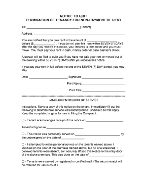 Notice to Quit for Non-Payment of Rent