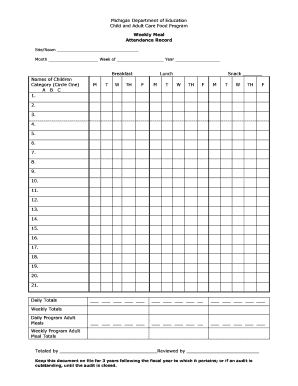Michigan Child and Adult Care Food Program Weekly Meal Attendance Record