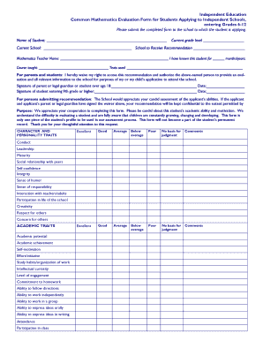 Independent Education Mathematics Evaluation Form