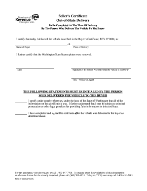 Seller's Certificate for Out-of-State Vehicle Delivery