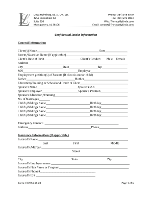 Confidential Intake Form for Therapy