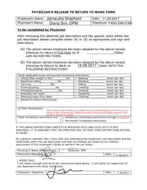 Physician's Release to Return to Work Form