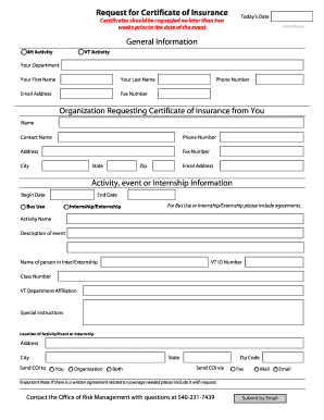 Certificate of Insurance Request Form