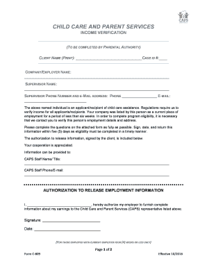 Child Care Income Verification Form