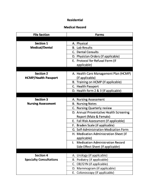 Residential Medical Record File Section Forms