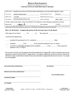 Texas Juris Doctorate Degree Certification