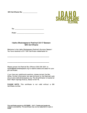 Idaho Shakespeare Festival Gift Certificate