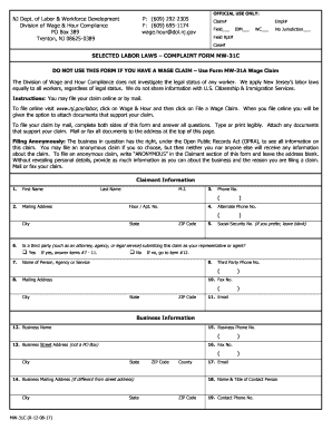 New Jersey Labor Law Complaint Form MW-31C