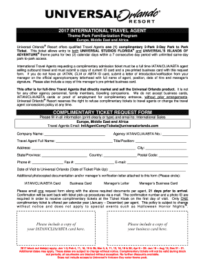 Universal Orlando Travel Agent Complimentary Ticket Request Form
