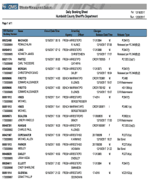 Humboldt County Sheriff's Department Booking Sheet
